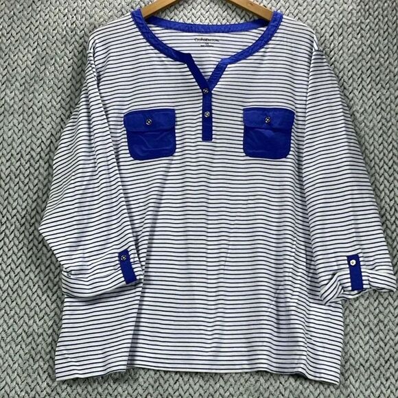 Croft And Barrow Striped Top 3X Blue And White Split V Neckline Nautical Casual - Picture 1 of 7